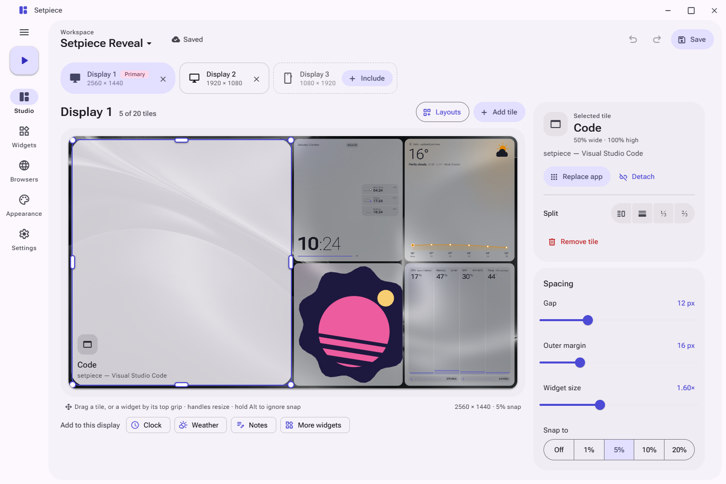 Setpiece Studio in light mode: a display with a code editor tile and Clock, Weather, Spotify and System widgets, next to the tile inspector.
